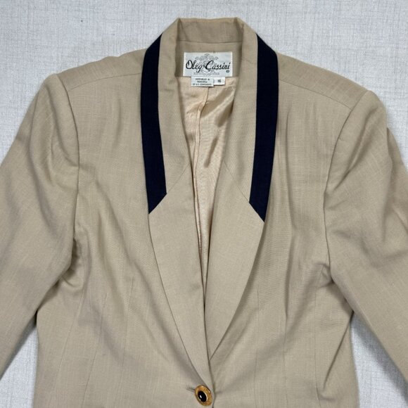 Vintage Oleg Cassini Skirt Suit Set Beige Navy Trim Pencil Straight Size 16 - Picture 5 of 16